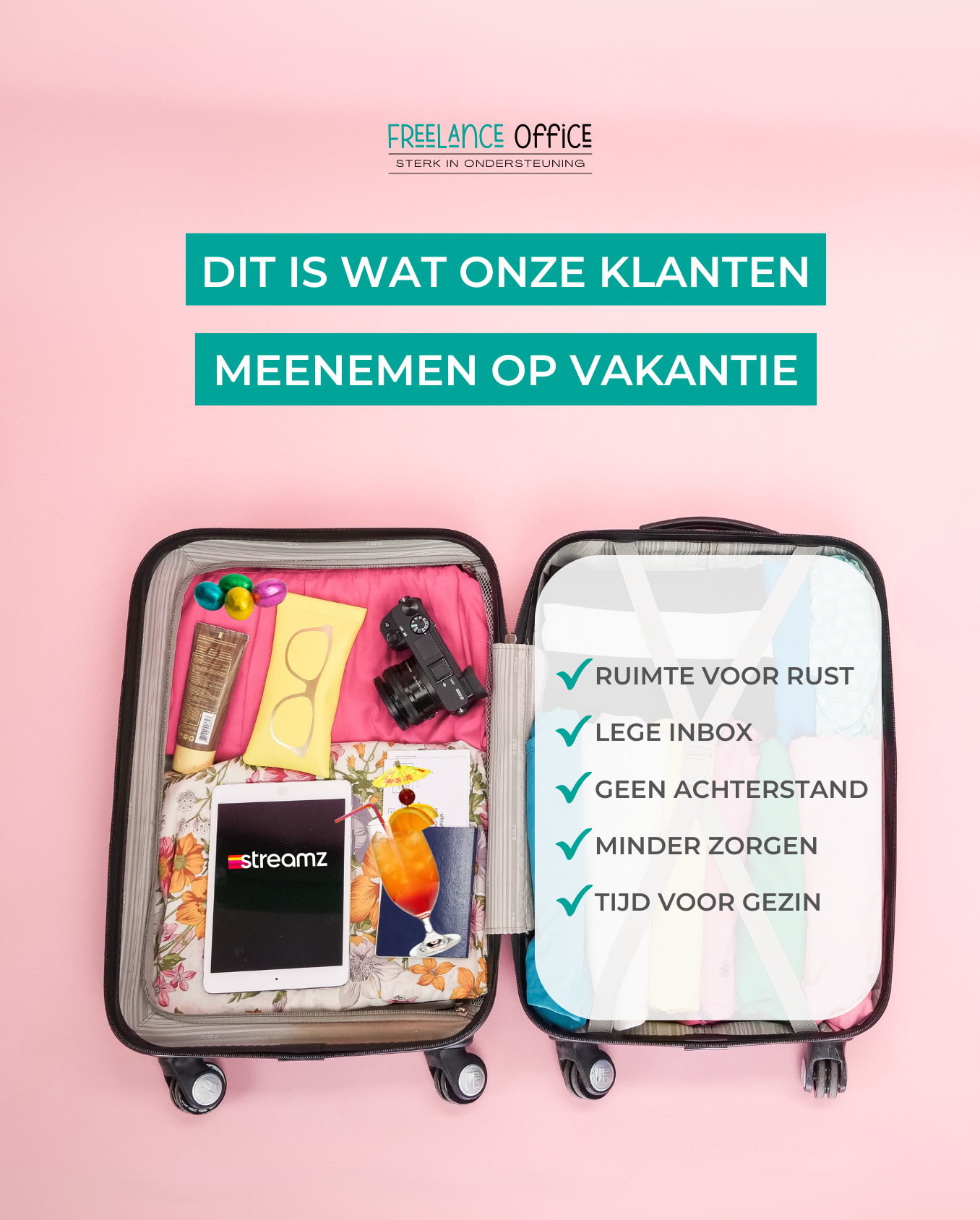 Dit is wat onze klanten meenemen op vakantie. Een koffer voor de helft gevuld met vakantiegerief en voor de andere helft met de checklist: ruimte voor rust, lege inbox, geen achterstand, minder zorgen en tijd voor gezin.