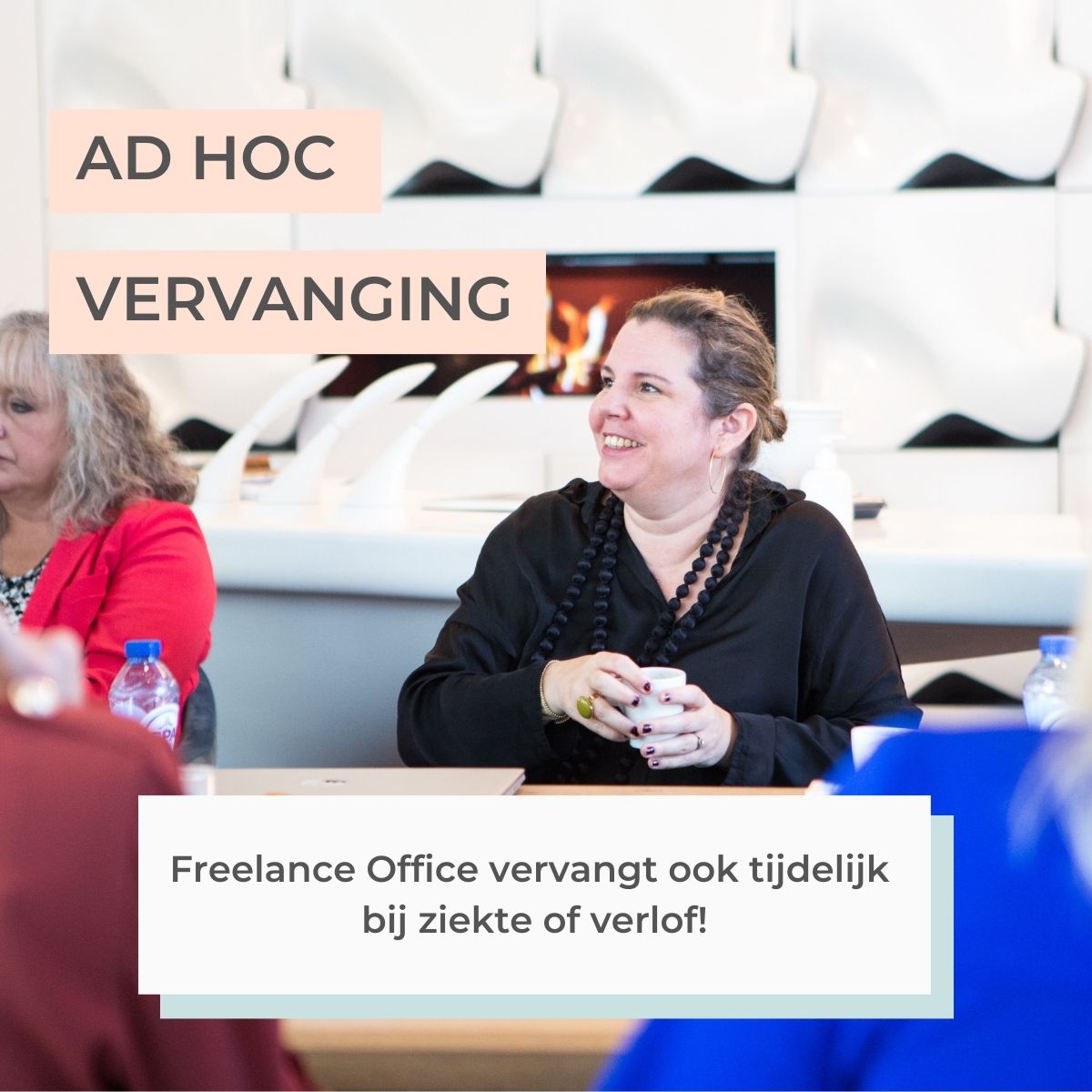 Voorbeeld social media post over uniek verkoopargument oftewel usp, met een tekst over de foto van een vrouw: ad hoc vervanging, Freelance Office vervangt bij ziekte of verlof