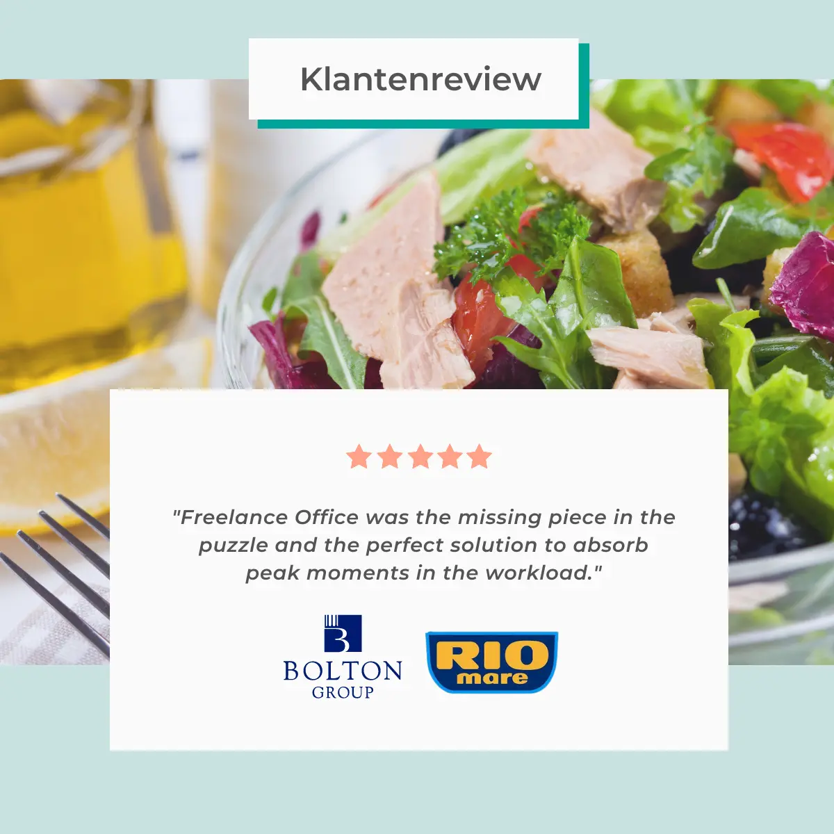 Voorbeeld van een klantenreview met vijf sterren, logo en korte snippet uit de recensie