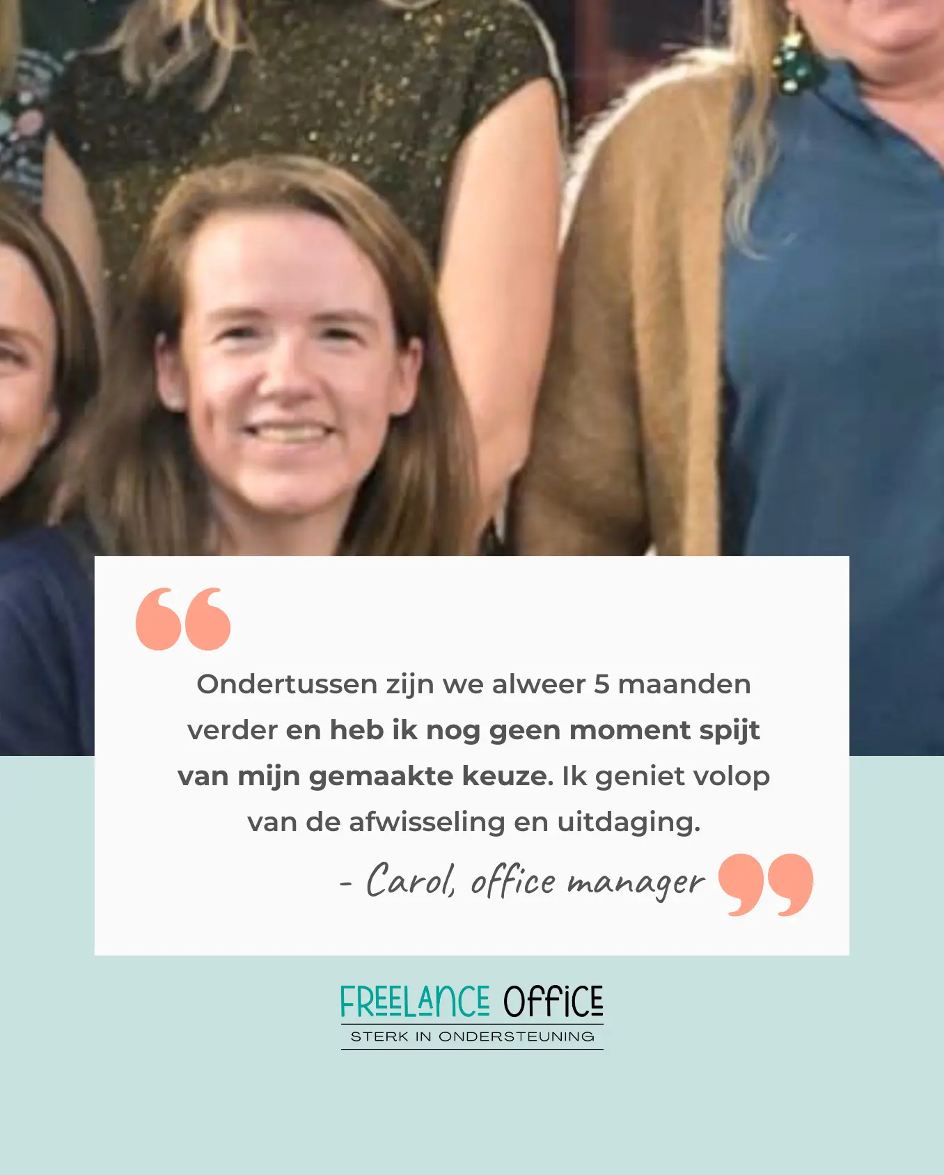 Voorbeeld van social media post met employer branding, een foto van Carol met tekst eronder over haar werkervaring.