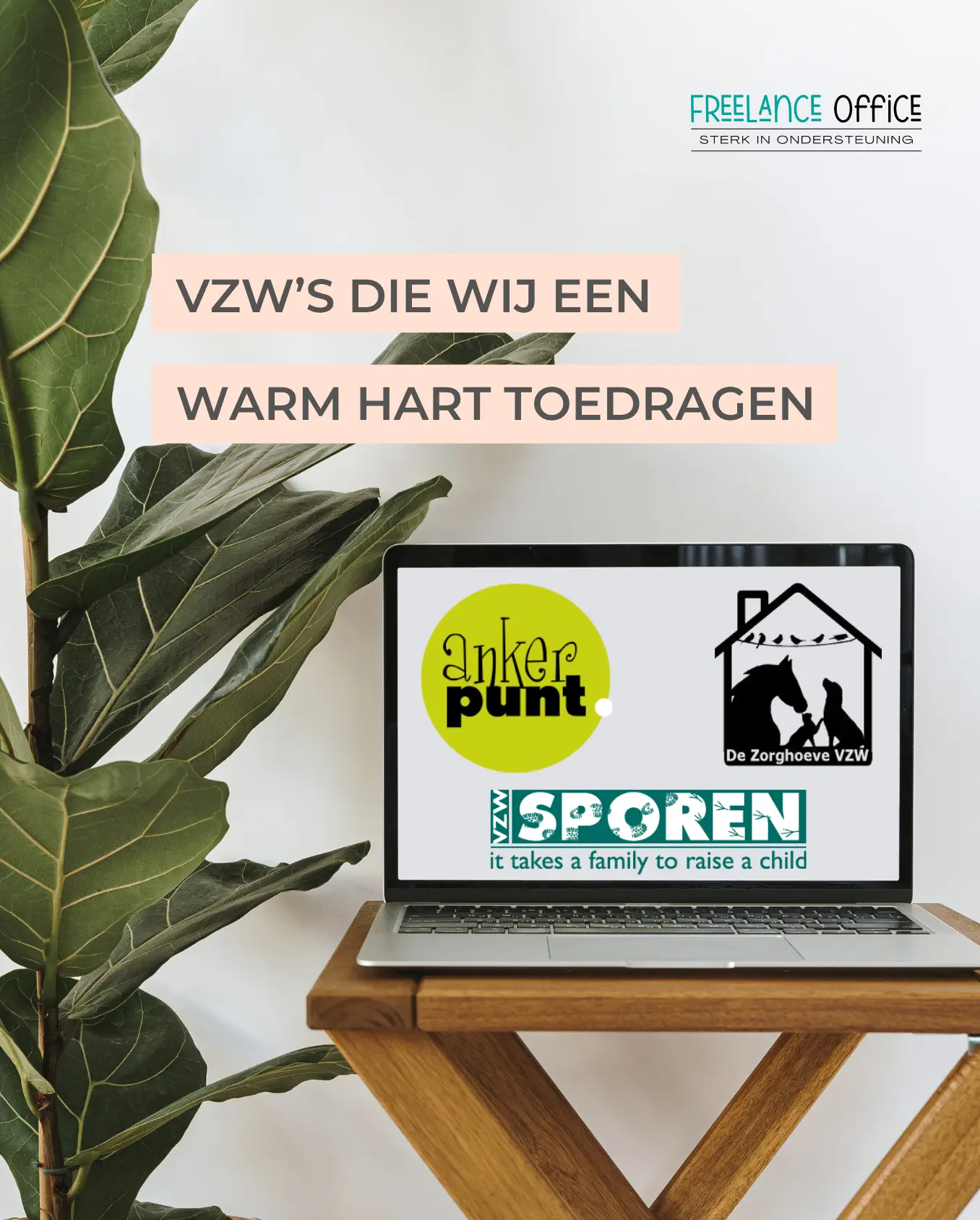 Freelance Office: de VZW's die wij een warm hart toedragen. Logo's van Ankerpunt, Sporen en De Zorghoeve op een beeldscherm.